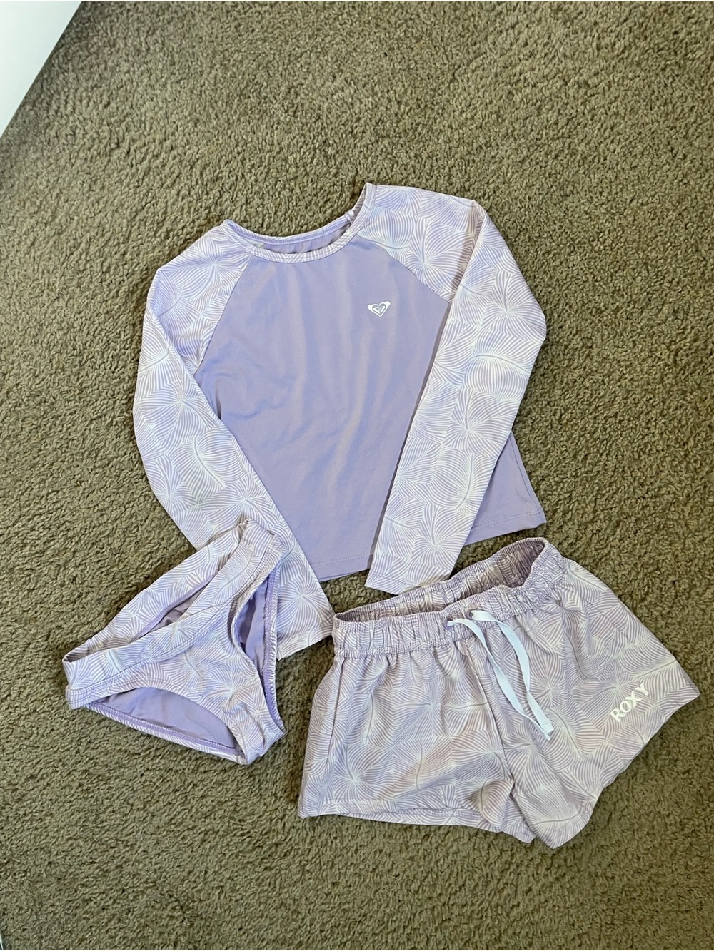 Roxy Lilac Long-Sleeve Rash Guard Set with Matching Shorts & Bikini